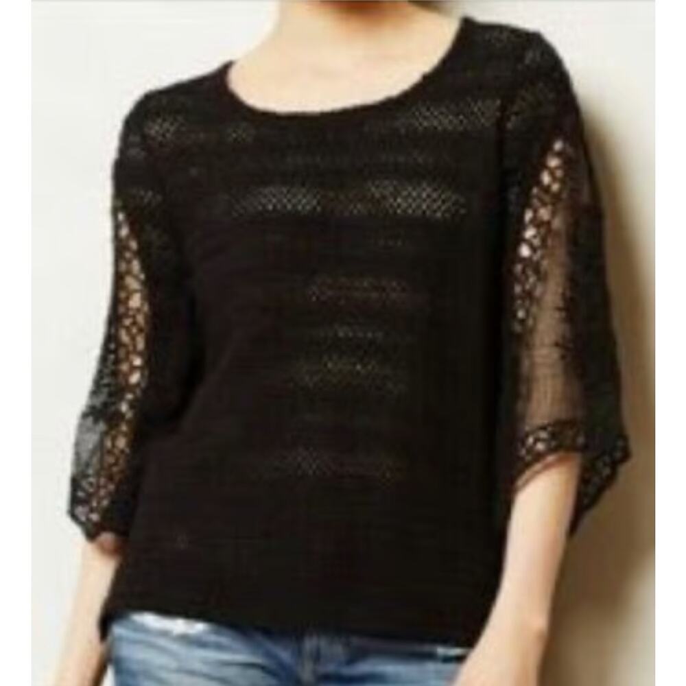 Sparrow Anthropologie Sz S Black Crochet Knit HiLow Sweater Open Knit Sheer Goth